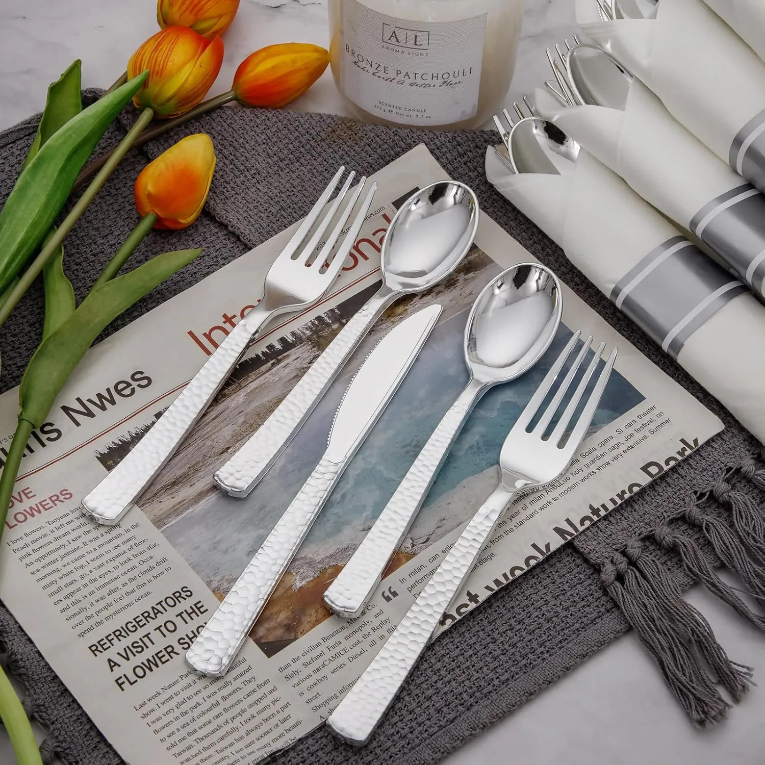 Supernal 60 Pack Pre-Rolled Napkins with Silver Plastic Utensils,Heavy Duty Wrapped Cutlery,Silver Plastic Silverware, Forks and Spoons,Premium Disposable Silverware Sets for Any Occasion