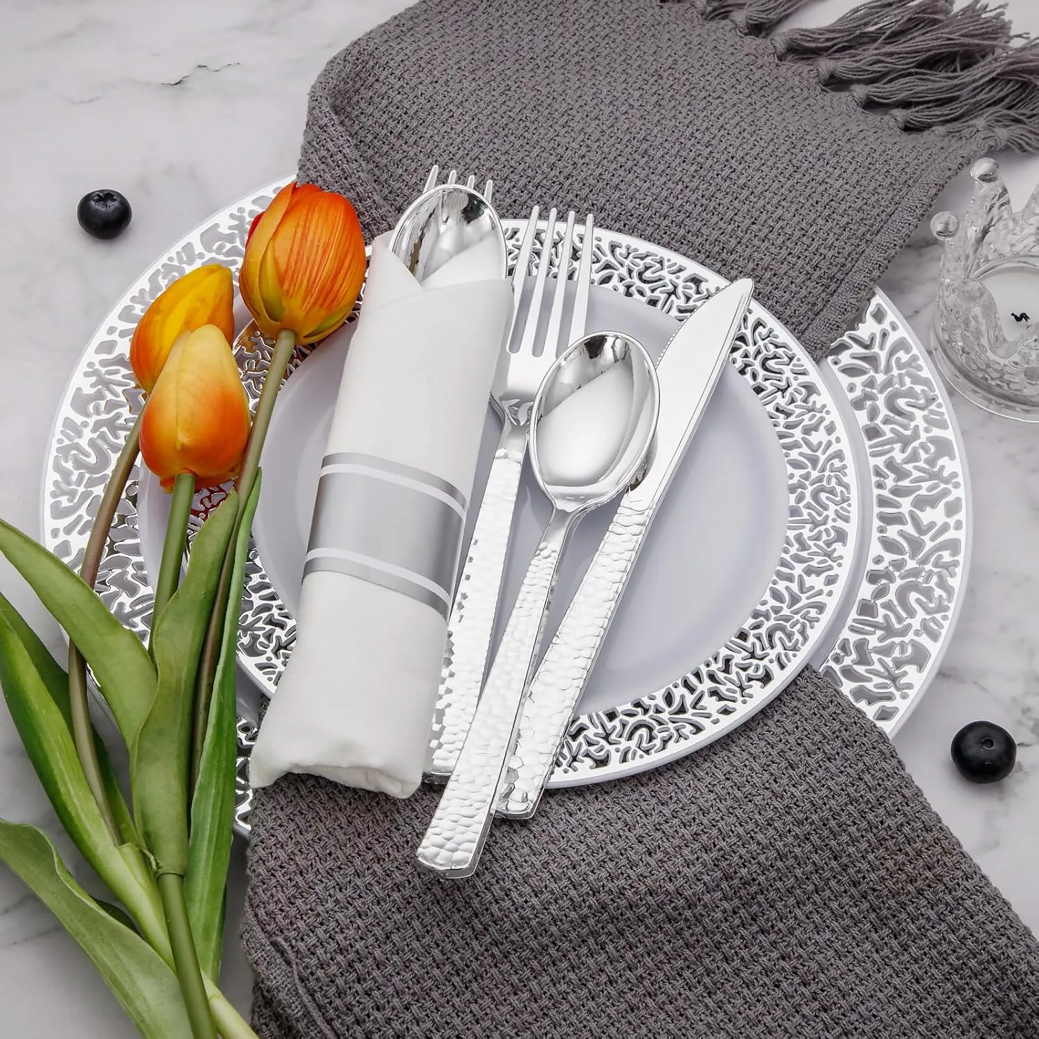 Supernal 60 Pack Pre-Rolled Napkins with Silver Plastic Utensils,Heavy Duty Wrapped Cutlery,Silver Plastic Silverware, Forks and Spoons,Premium Disposable Silverware Sets for Any Occasion