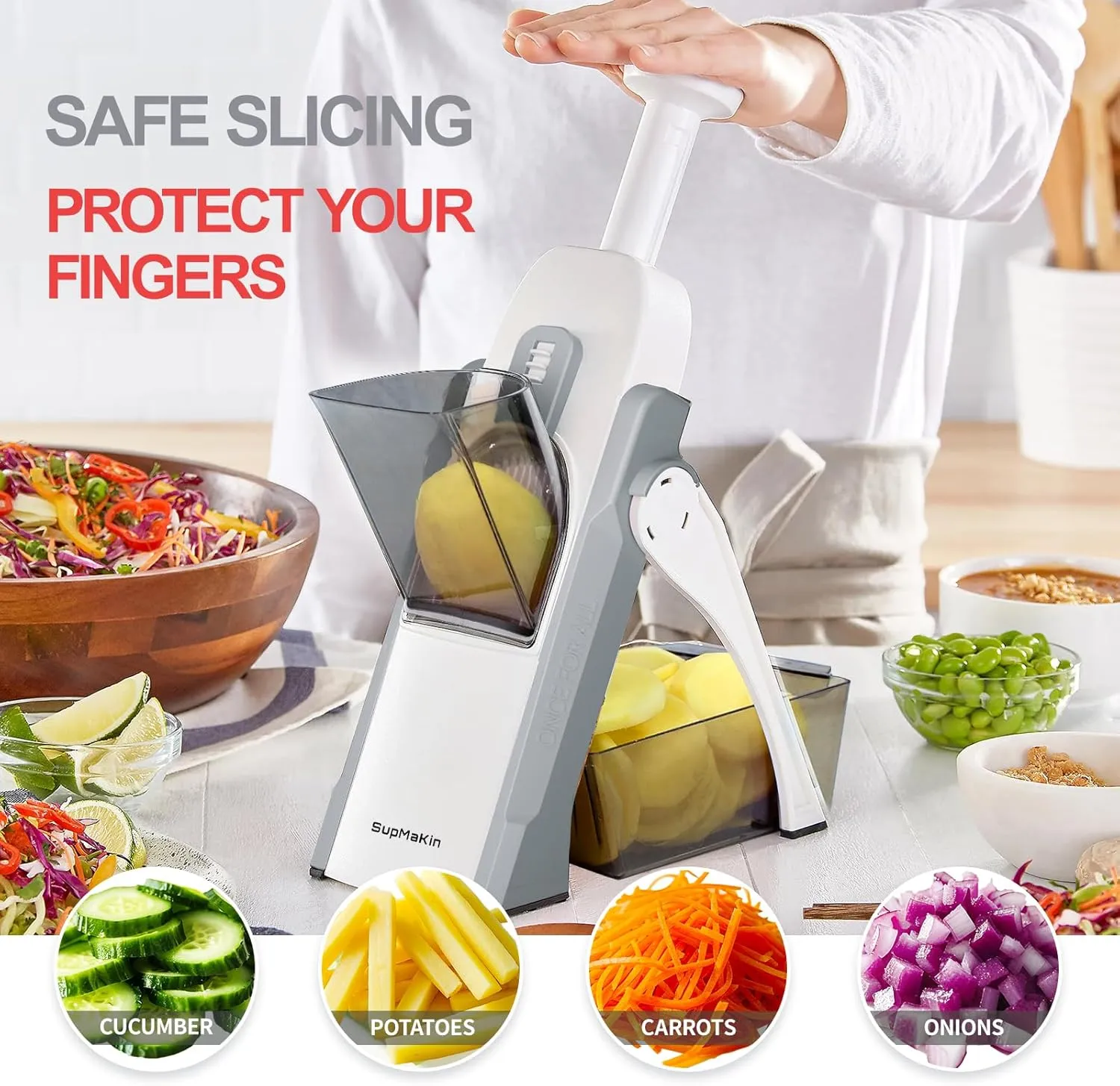 SupMaKin Safe Mandoline Slicer, Potato Chip Slicer Maual Vegetable Food Cutter Adjustable Thickness, Chopping Artifact Veggie Salad Chopper & Cook Meal Prep (Gray)