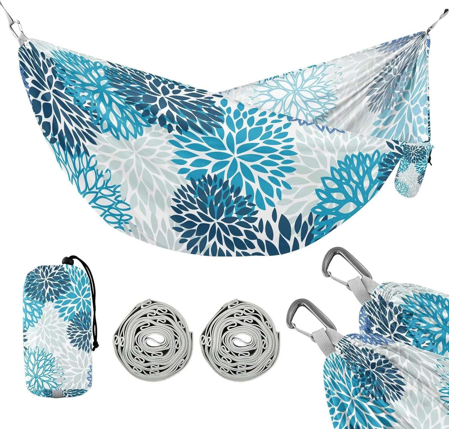 susiyo Portable Camping Hammock Blue and Navy Chrysanthemum Flowers Printed Lightweight Hammock Comfortable Travel Swing with Tree Straps for Camping Hiking Backpacking Travel or Beach - Up to 330lbs
