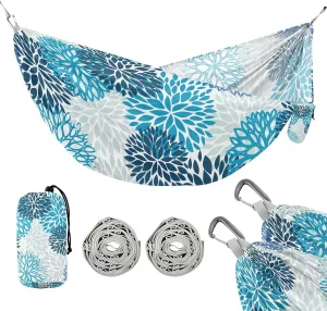 susiyo Portable Camping Hammock Blue and Navy Chrysanthemum Flowers Printed Lightweight Hammock Comfortable Travel Swing with Tree Straps for Camping Hiking Backpacking Travel or Beach - Up to 330lbs