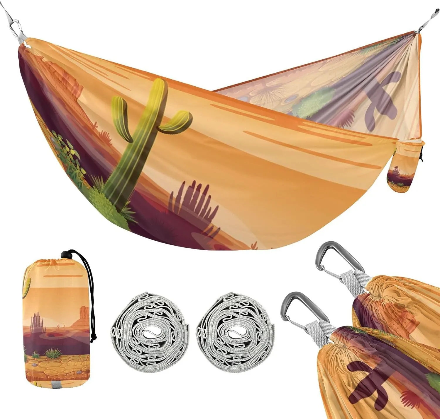 susiyo Portable Camping Hammock Desert Cactus at Sunset Printed Lightweight Hammock Comfortable Travel Swing with Tree Straps for Camping Hiking Backpacking Travel or Beach - Up to 330lbs