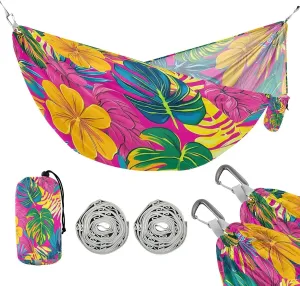 susiyo Portable Camping Hammock Hawaiian Colorful Palm Leaves Printed Lightweight Hammock Comfortable Travel Swing with Tree Straps for Camping Hiking Backpacking Travel or Beach - Up to 330lbs
