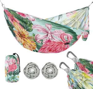 susiyo Portable Camping Hammock Hawaiian Style Tropical Floral Pink Flamingos Printed Lightweight Hammock Comfortable Travel Swing with Tree Straps for Camping Hiking Backpacking Travel or Beach - Up