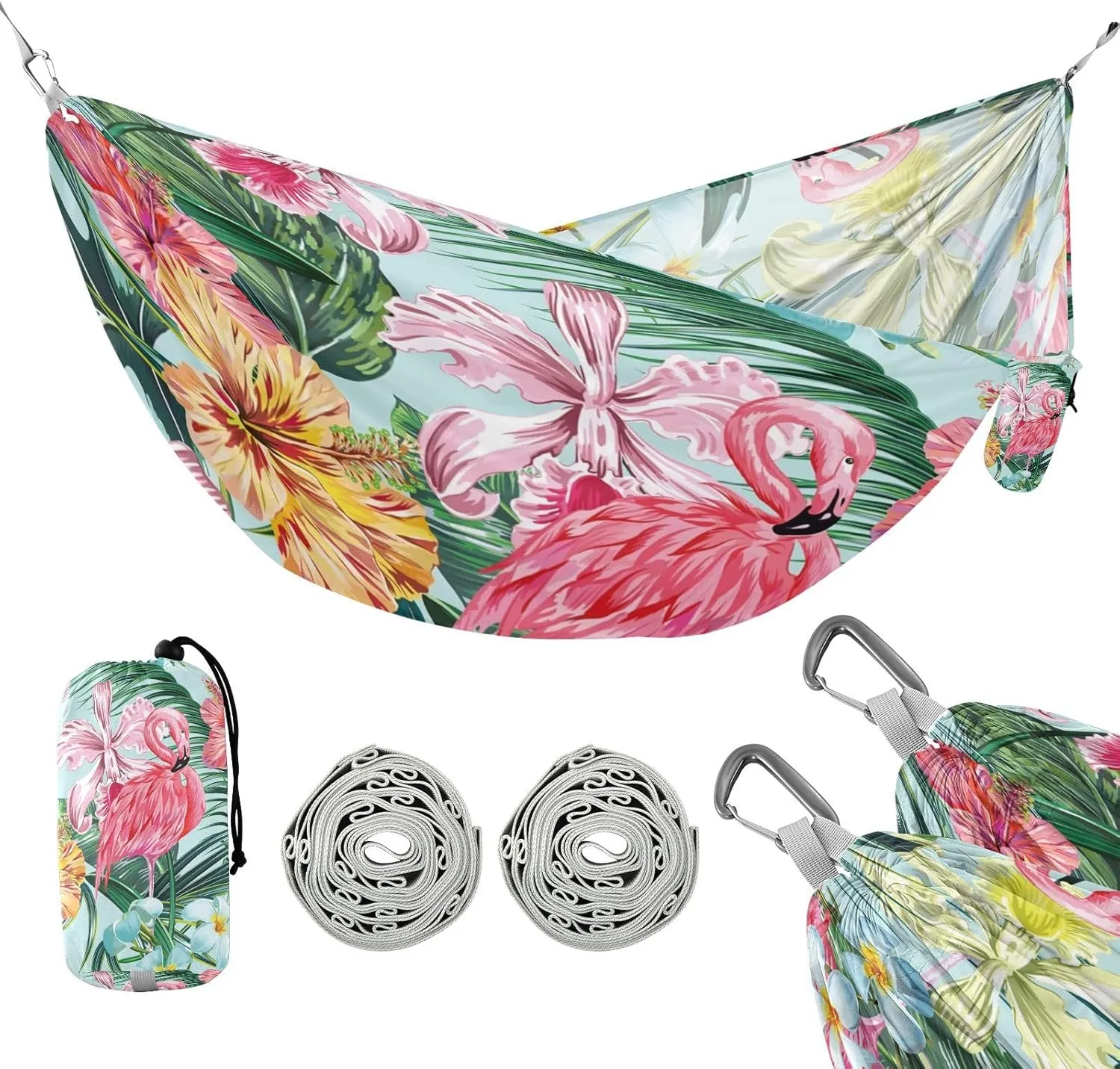 susiyo Portable Camping Hammock Hawaiian Style Tropical Floral Pink Flamingos Printed Lightweight Hammock Comfortable Travel Swing with Tree Straps for Camping Hiking Backpacking Travel or Beach - Up
