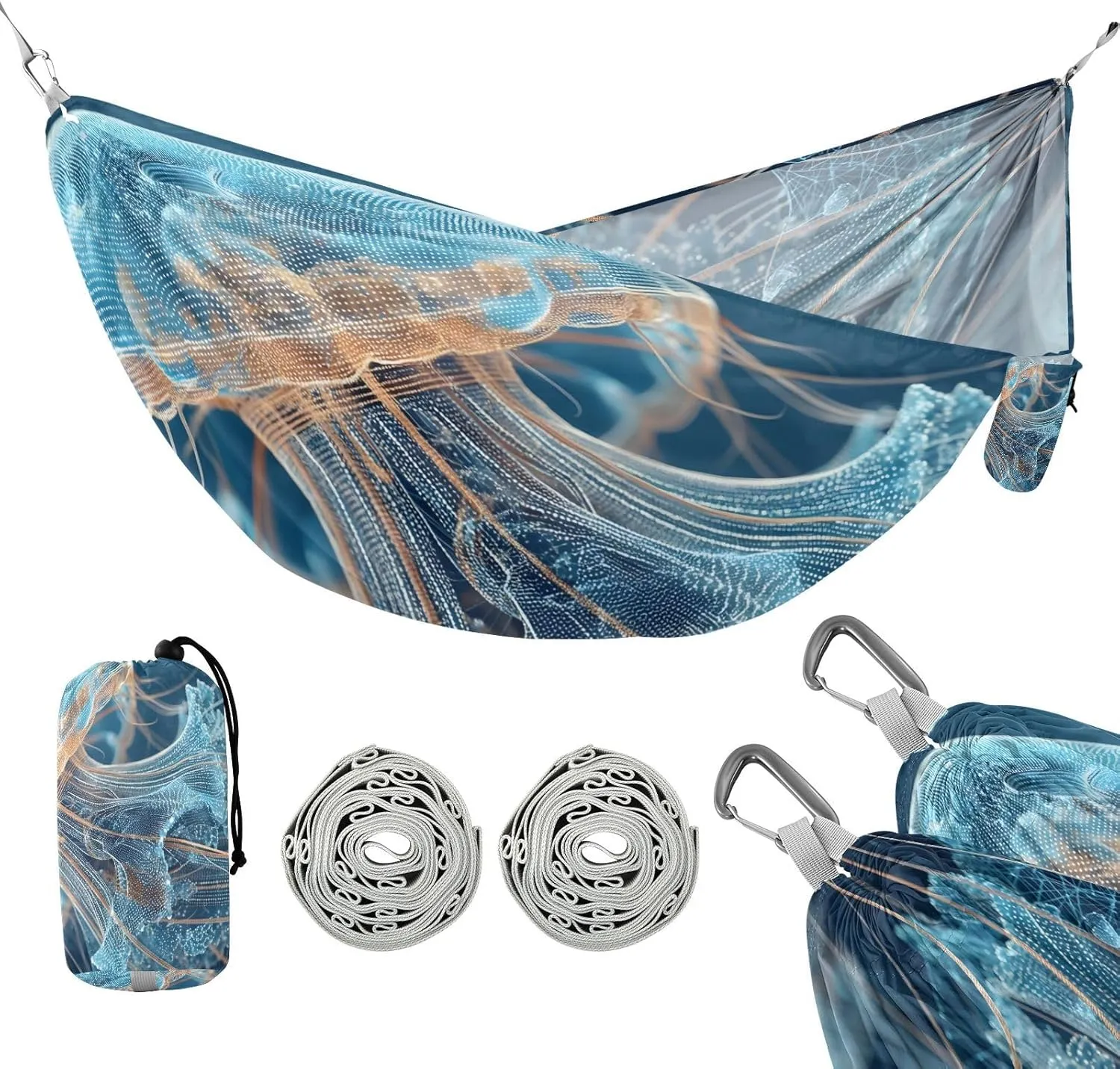 susiyo Portable Camping Hammock Large Blue Glowing Jellyfish Printed Lightweight Hammock Comfortable Travel Swing with Tree Straps for Camping Hiking Backpacking Travel or Beach - Up to 330lbs