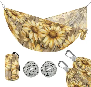 susiyo Portable Camping Hammock Large Yellow Daisies Bees Printed Lightweight Hammock Comfortable Travel Swing with Tree Straps for Camping Hiking Backpacking Travel or Beach - Up to 330lbs