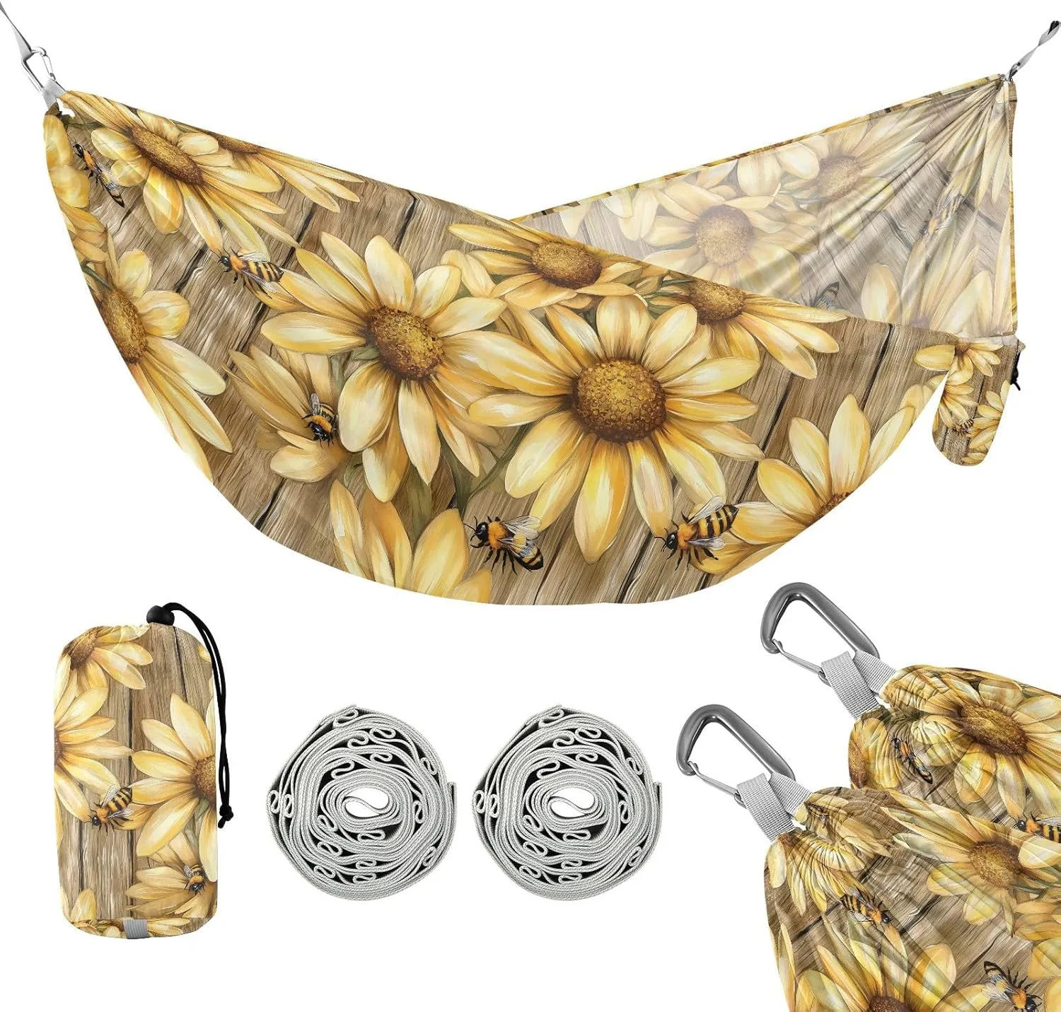 susiyo Portable Camping Hammock Large Yellow Daisies Bees Printed Lightweight Hammock Comfortable Travel Swing with Tree Straps for Camping Hiking Backpacking Travel or Beach - Up to 330lbs