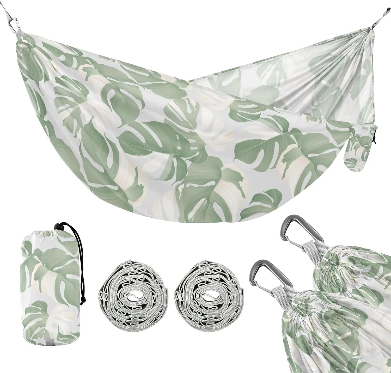 susiyo Portable Camping Hammock Monstera Albo Leaves Printed Lightweight Hammock Comfortable Travel Swing with Tree Straps for Camping Hiking Backpacking Travel or Beach - Up to 330lbs