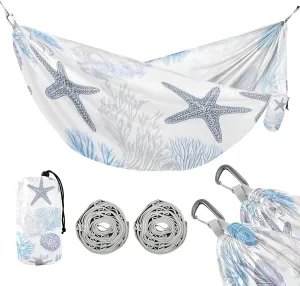 susiyo Portable Camping Hammock Ocean Seashell Printed Lightweight Hammock Comfortable Travel Swing with Tree Straps for Camping Hiking Backpacking Travel or Beach - Up to 330lbs