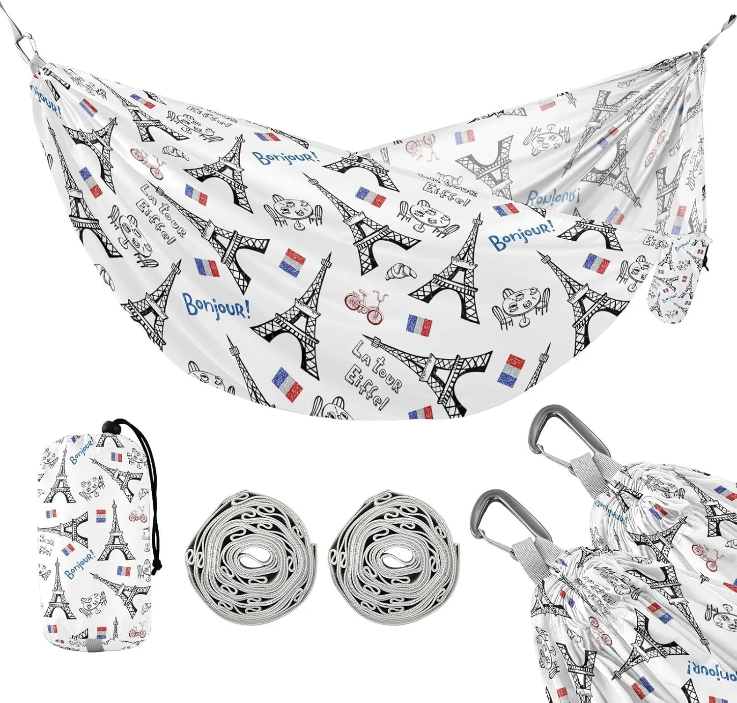 susiyo Portable Camping Hammock Romantic Paris Eiffel Tower Printed Lightweight Hammock Comfortable Travel Swing with Tree Straps for Camping Hiking Backpacking Travel or Beach - Up to 330lbs
