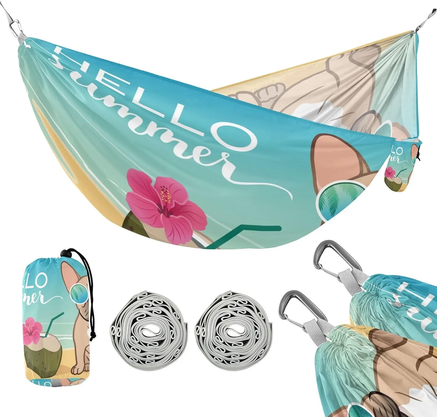 susiyo Portable Camping Hammock Summer Beach French Bulldog Puppy Printed Lightweight Hammock Comfortable Travel Swing with Tree Straps for Camping Hiking Backpacking Travel or Beach - Up to 330lbs