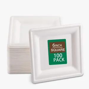 SUT 6-Inch Compostable Paper Plates, 100 PCS Square Biodegradable Bagasse Plates, Heavy-Duty Microwaveable Plates, Eco-Friendly Natural Disposable Plates, Made of Sugarcane Fibers, for Party, Picnic