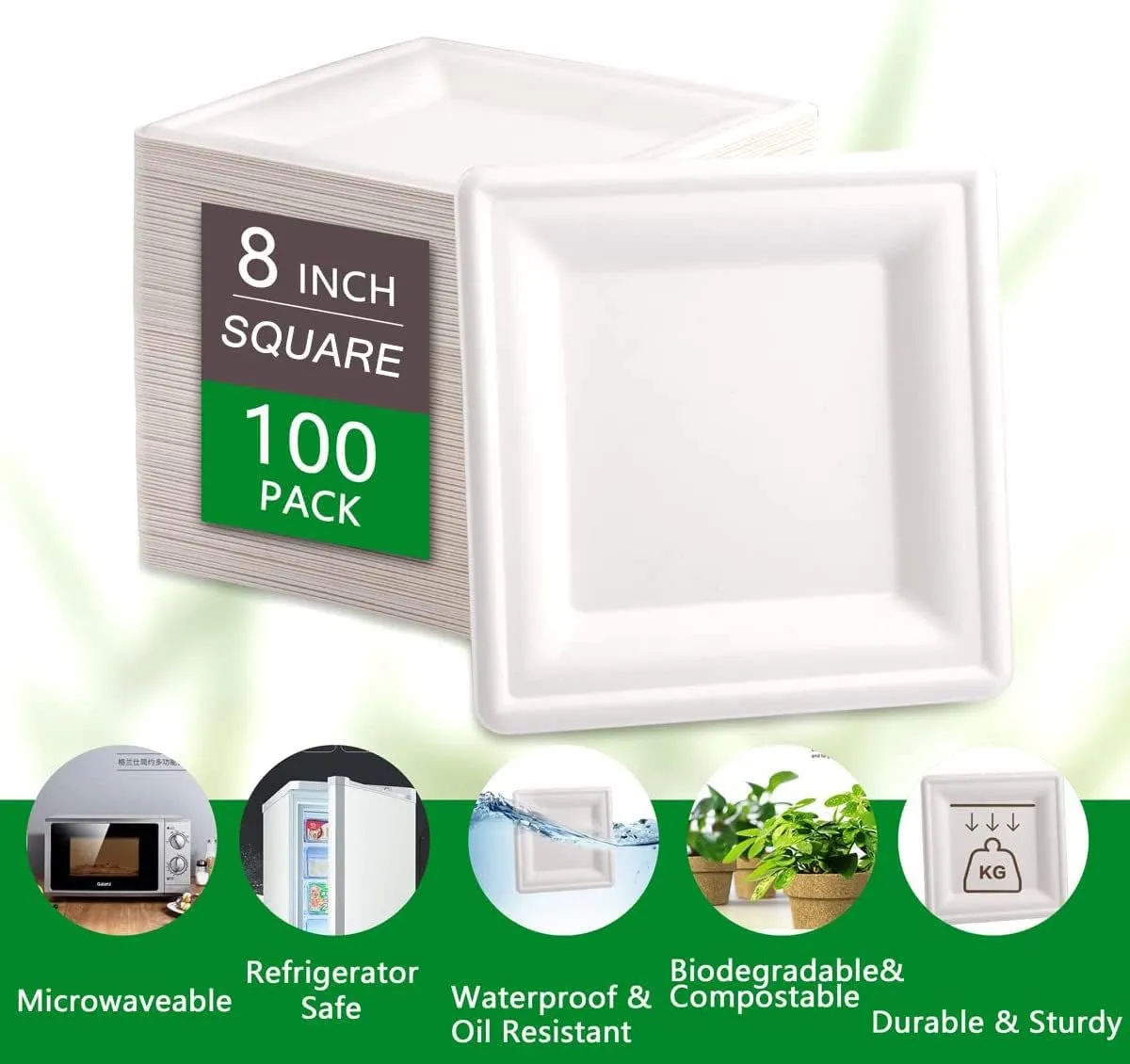 SUT 8-Inch Biodegradable Bagasse Plates, 100 PCS Heavy-Duty Microwaveable, Eco-Friendly Natural Disposable, Made of Sugarcane Fibers, for Party, Picnic