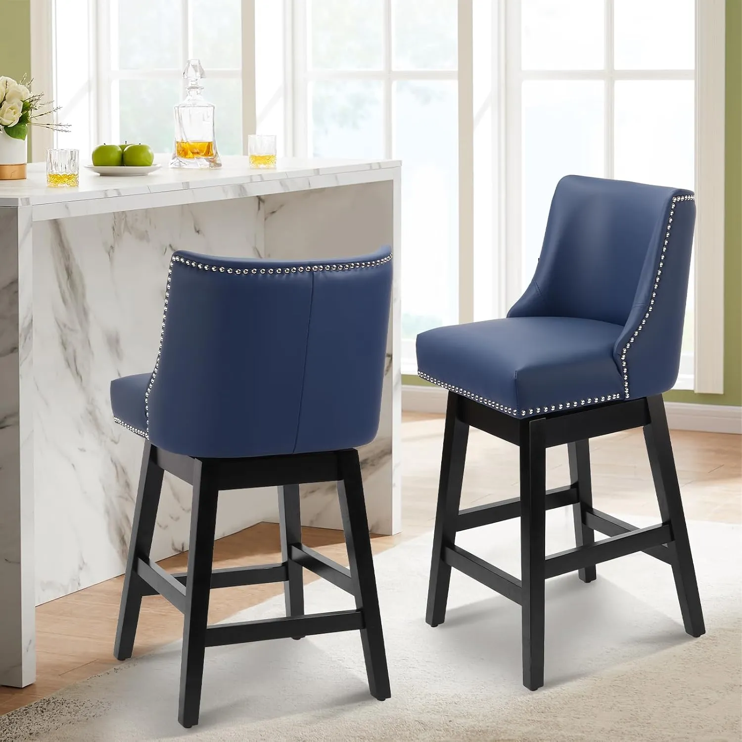 Swivel Bar Stools Set of 2 with Thicker Wood Legs,26" Counter Height Bar Stools,Faux Leather Upholstered Barstools with Backs,Bar Stool for Kitchen Counter,Island,300lbs,Blue