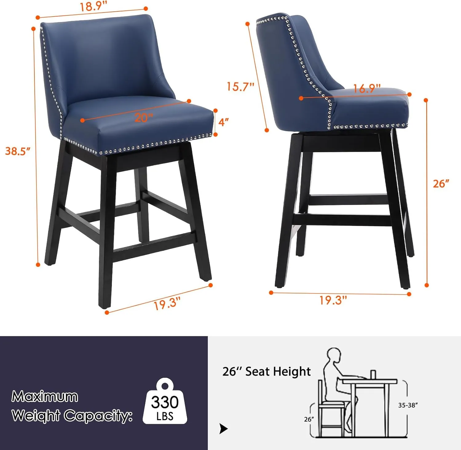 Swivel Bar Stools Set of 2 with Thicker Wood Legs,26" Counter Height Bar Stools,Faux Leather Upholstered Barstools with Backs,Bar Stool for Kitchen Counter,Island,300lbs,Blue