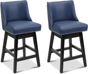 Swivel Bar Stools Set of 2 with Thicker Wood Legs,26" Counter Height Bar Stools,Faux Leather Upholstered Barstools with Backs,Bar Stool for Kitchen Counter,Island,300lbs,Blue