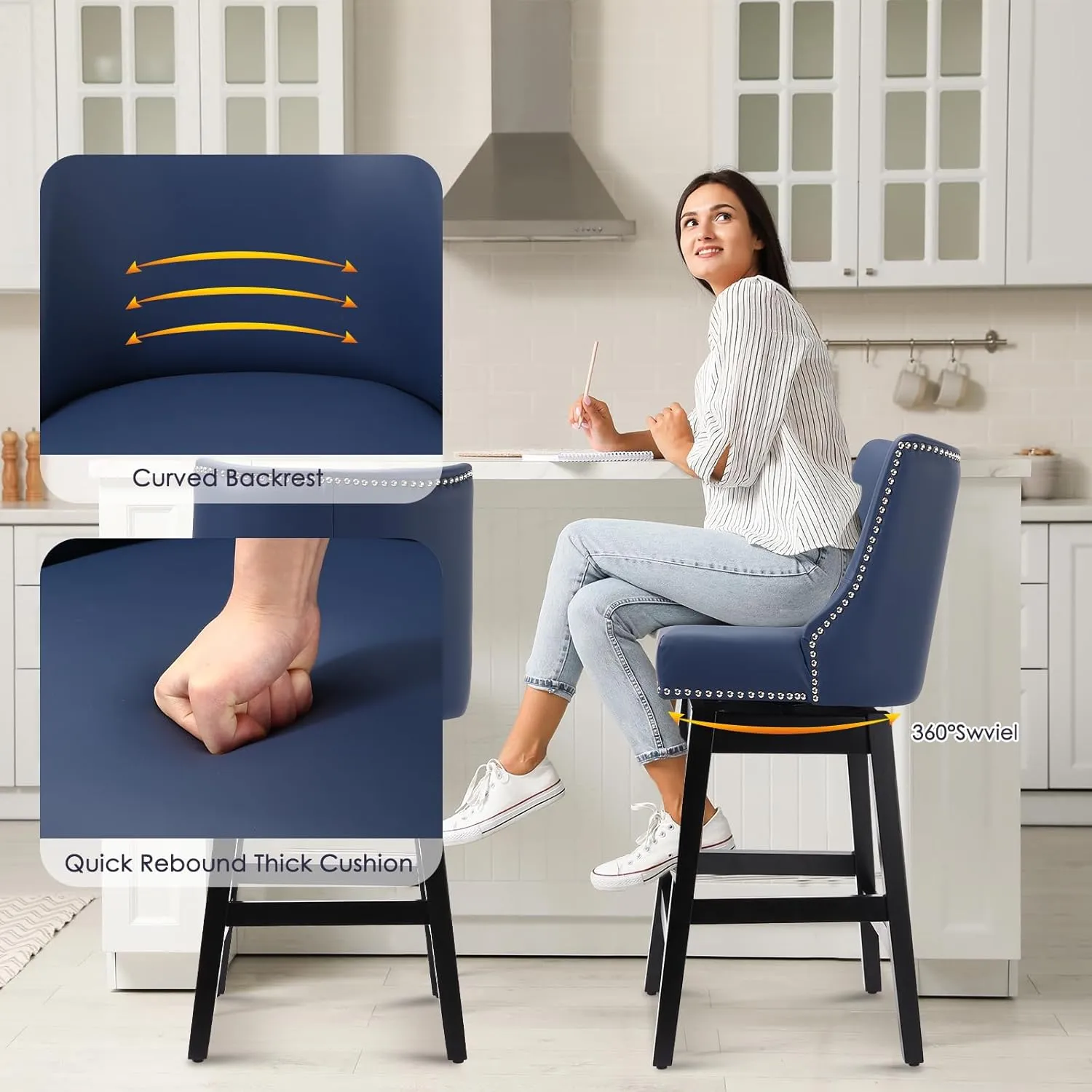 Swivel Bar Stools Set of 2 with Thicker Wood Legs,26" Counter Height Bar Stools,Faux Leather Upholstered Barstools with Backs,Bar Stool for Kitchen Counter,Island,300lbs,Blue