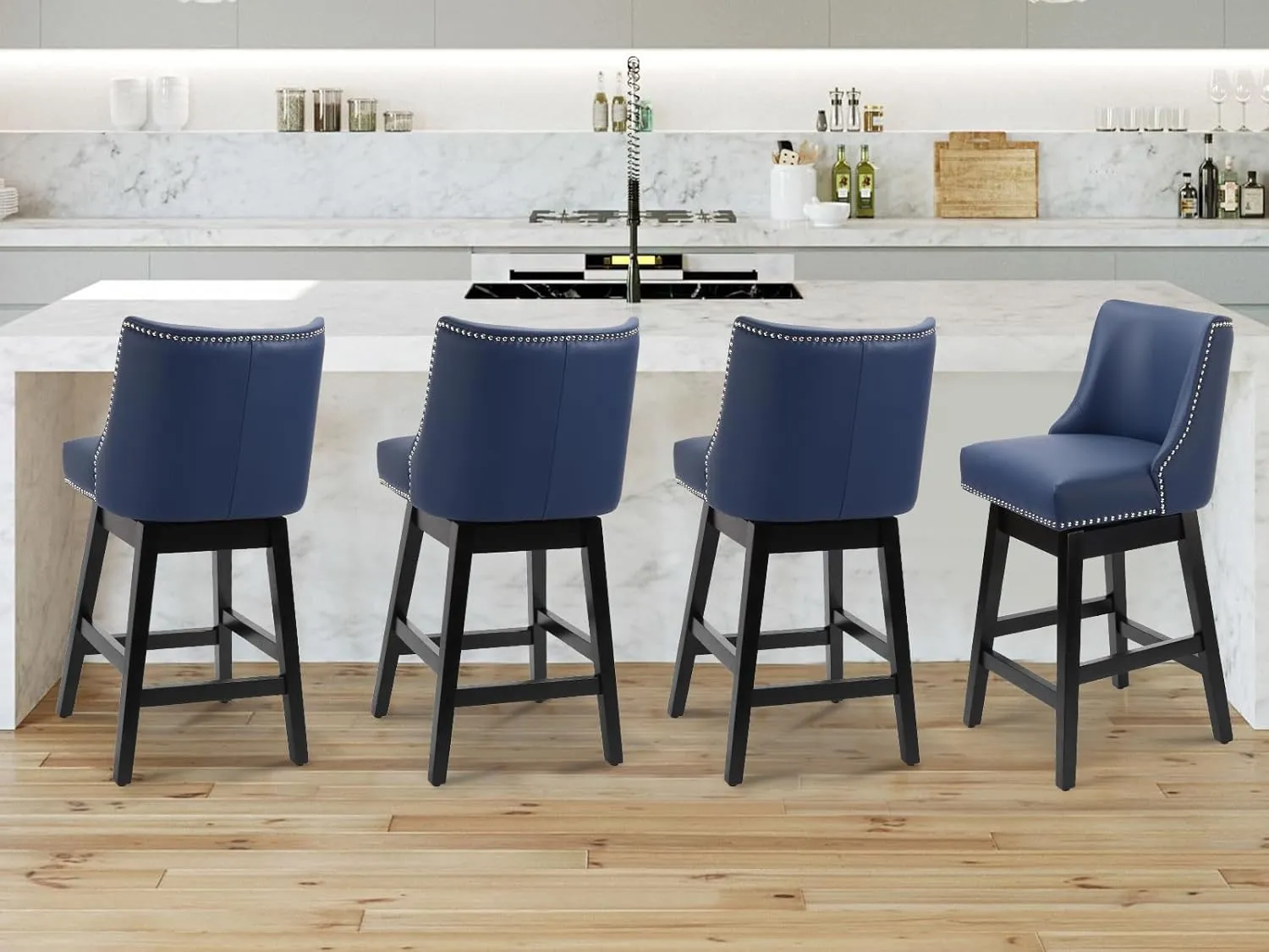 Swivel Bar Stools Set of 2 with Thicker Wood Legs,26" Counter Height Bar Stools,Faux Leather Upholstered Barstools with Backs,Bar Stool for Kitchen Counter,Island,300lbs,Blue