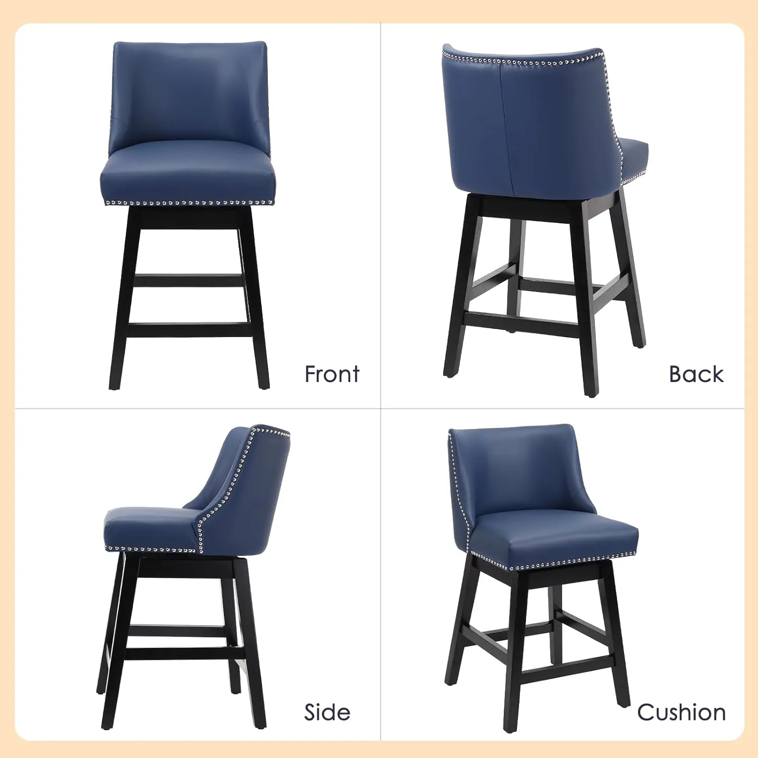 Swivel Bar Stools Set of 2 with Thicker Wood Legs,26" Counter Height Bar Stools,Faux Leather Upholstered Barstools with Backs,Bar Stool for Kitchen Counter,Island,300lbs,Blue