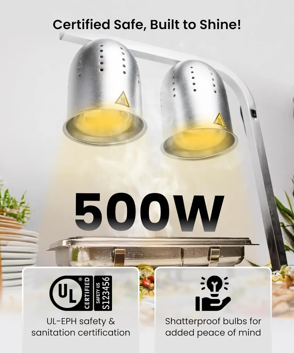SYBO DL2112 Commercial Grade Food Heat Lamp Portable Electric Food Warmer 2-Bulb with Free-Standing, 500W, Silver