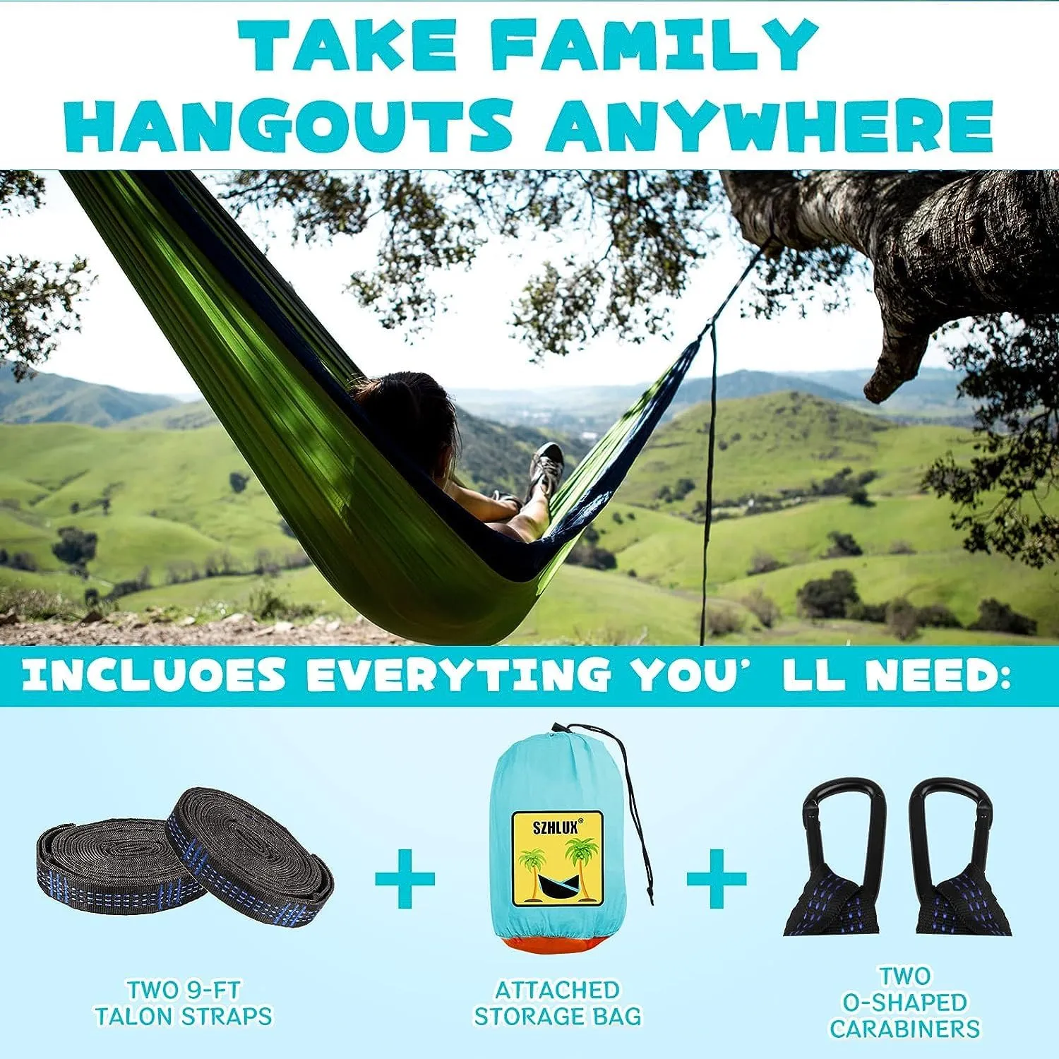 SZHLUX Kids Hammock - Kids Camping Gear, Camping Accessories with 2 Tree Straps and Carabiners for Indoor/Outdoor Use,Orange & Light Blue