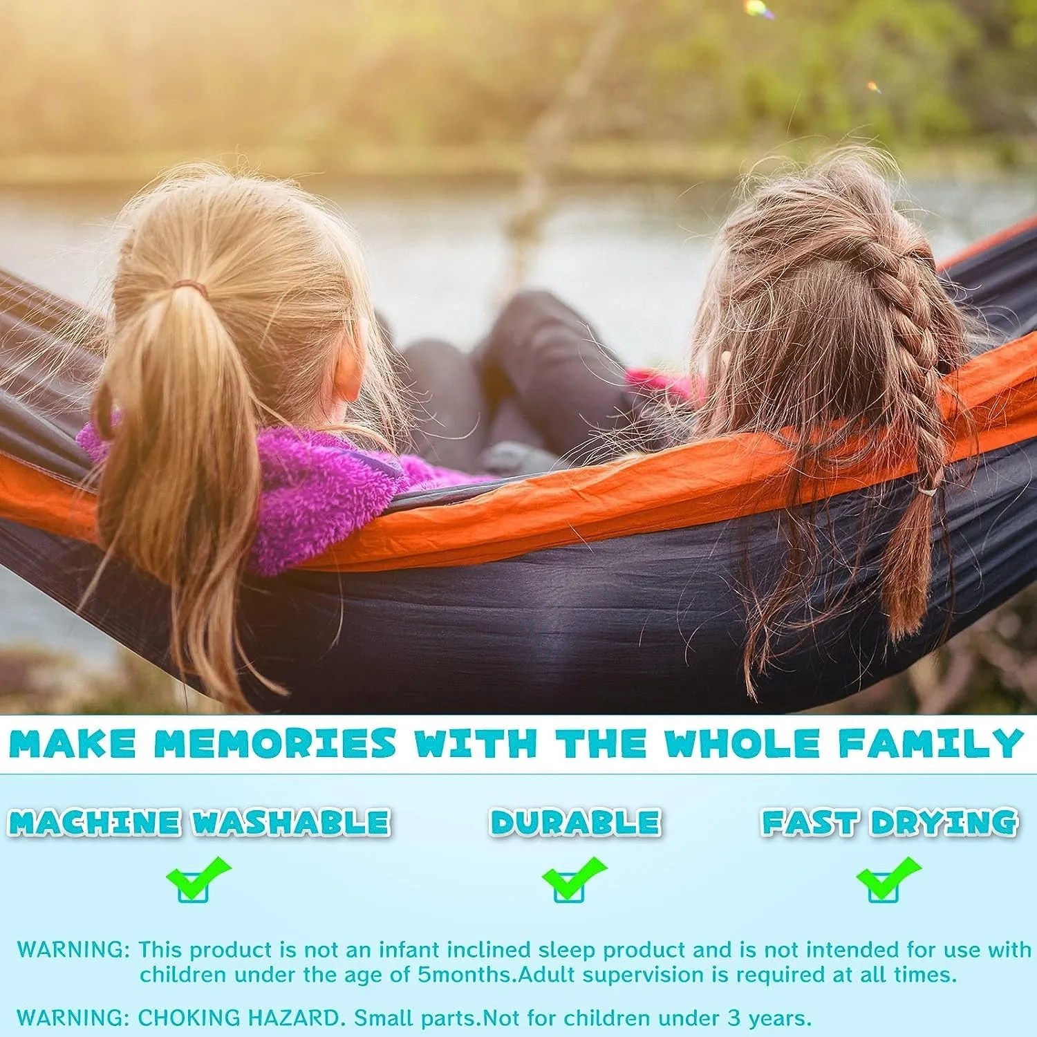 SZHLUX Kids Hammock - Kids Camping Gear, Camping Accessories with 2 Tree Straps and Carabiners for Indoor/Outdoor Use,Orange & Light Blue