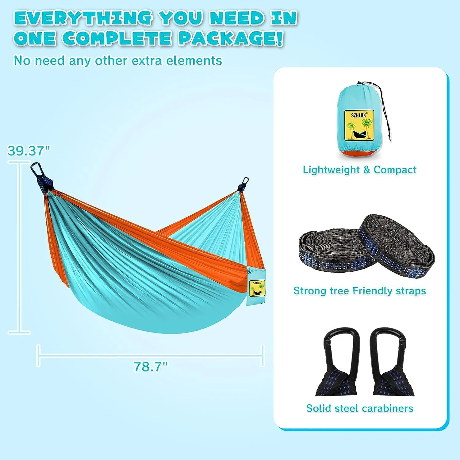 SZHLUX Kids Hammock - Kids Camping Gear, Camping Accessories with 2 Tree Straps and Carabiners for Indoor/Outdoor Use,Orange & Light Blue