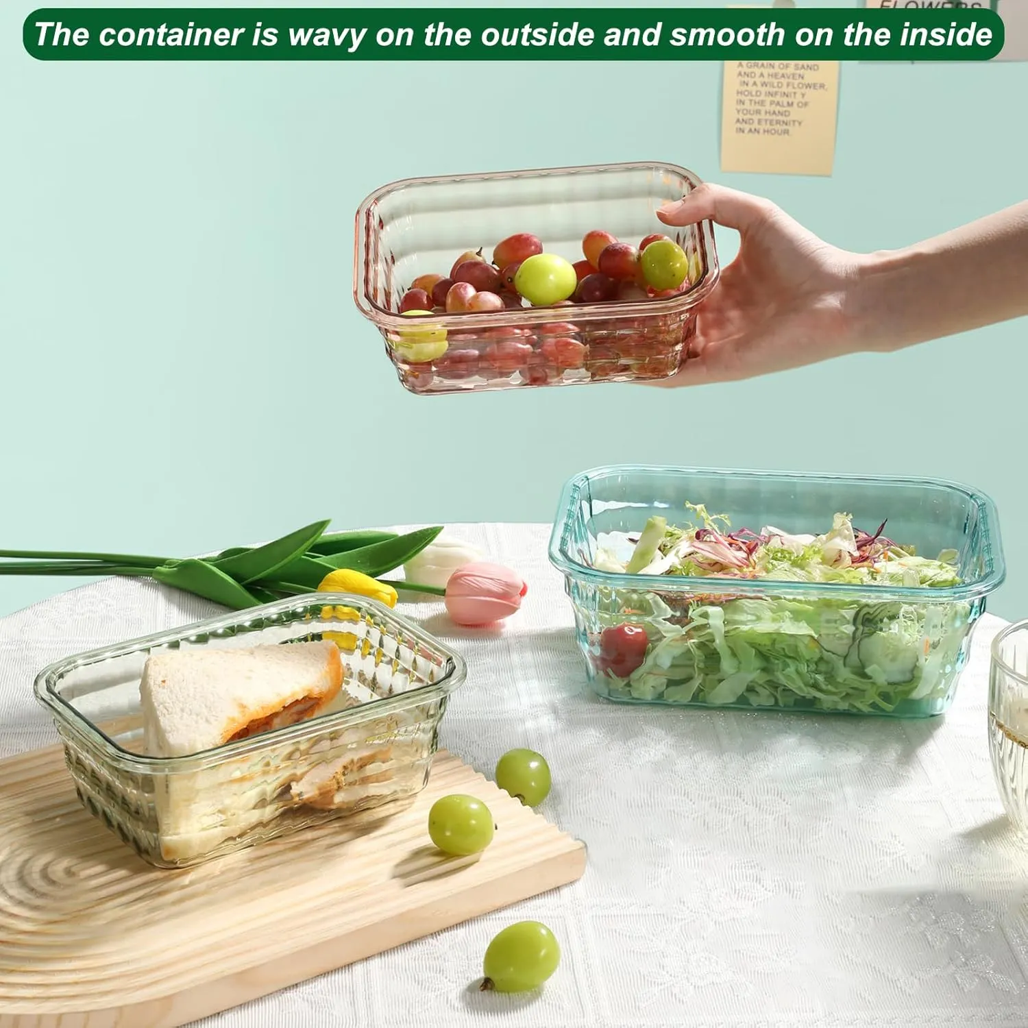 Taiuloo Set of 3 Food Storage Container, BPA Free Salad Bowls with Lids, Salad Lunch Container To Go with Handle, Plastic Meal Prep Storage Containers for Snacks, Fruits, Blue