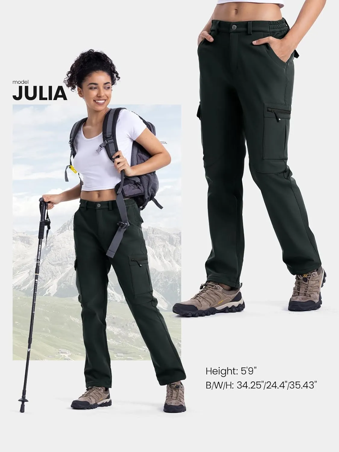TBMPOY Women's Hiking Cargo Pants Outdoor Waterproof Windproof Softshell Fleece Snow Pants