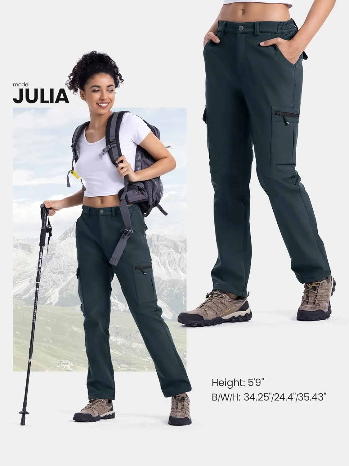 TBMPOY Women's Hiking Cargo Pants Outdoor Waterproof Windproof Softshell Fleece Snow Pants
