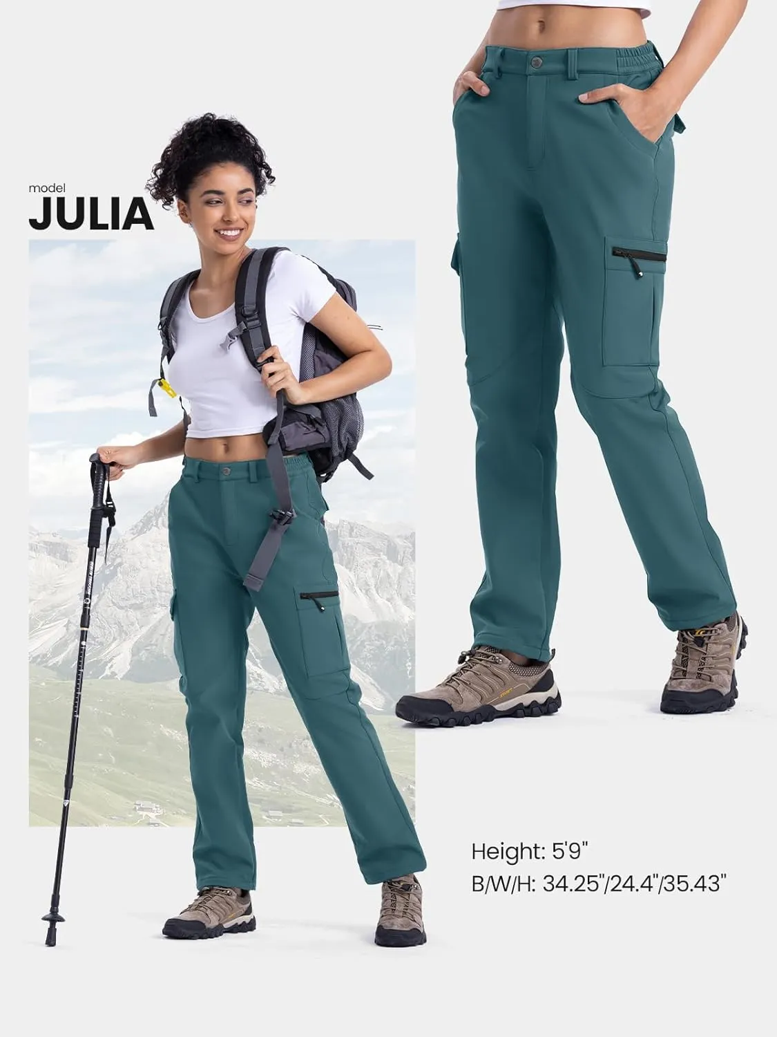 TBMPOY Women's Hiking Cargo Pants Outdoor Waterproof Windproof Softshell Fleece Snow Pants