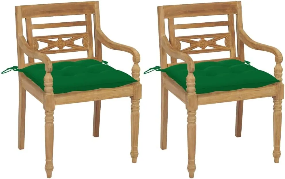 Teak Wood Outdoor Chairs 2-Piece Set with Green Cushions, Patio Furniture All-Weather Durable Lounge Chairs for Garden Poolside Beach