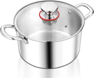 TeamFar 3.5 Quart Stock Pot, Tri-Ply Stainless Steel Pasta Cooking Pot with Lid, Tempered Glass Lid & Double Side Riveted Handles, Non-Toxic & Healthy, Heavy Duty & Dishwasher Safe