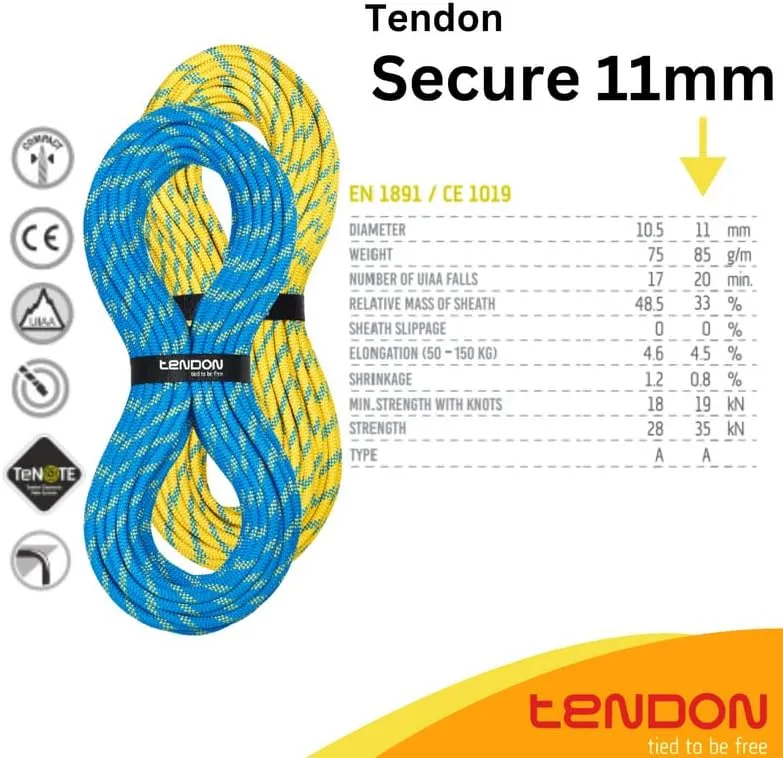 Tendon Secure Static Rope - Patented Secure Braiding Technology - UIAA Certified - Ideal for Both Indoor and Outdoor Work at Height (11mm x 50m - Coil) - Blue-Yellow