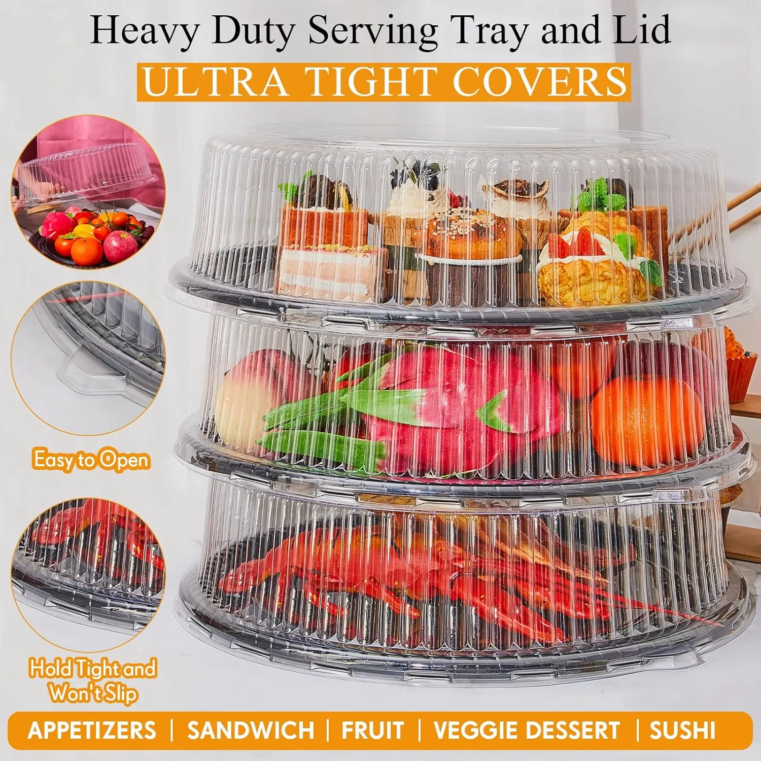 Tessco 6 Pack Plastic Serving Platters with Lid and Sporks, Disposable Heavy Duty Party Tray Round Catering Tray Containers for Food Salad Sandwich Takeout Picnic Supplies(12 Inch,Black)