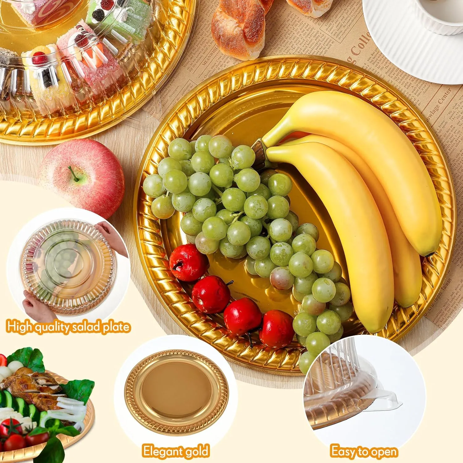 Tessco 6 Pack Plastic Serving Platters with Lid and Sporks, Disposable Heavy Duty Party Tray Round Catering Tray Containers for Food Salad Sandwich Takeout Picnic Supplies(12 Inch,Gold, Yellow)