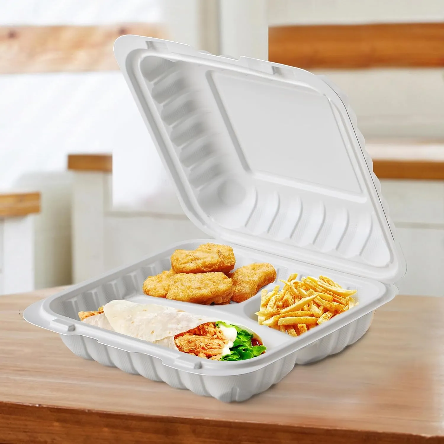 To Go Containers, 8'' Plastic Hinged Clamshell Food Containers Disposable with Lids BPA-Free 55-Pack 3 Compartment Heavy Duty 34 OZ Reusable Meal Prep MFPP To Go Boxes for Food Storage