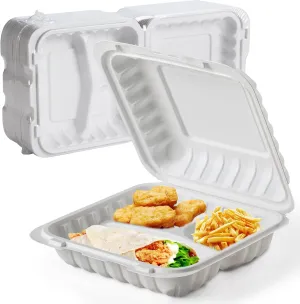 To Go Containers, 8'' Plastic Hinged Clamshell Food Containers Disposable with Lids BPA-Free 55-Pack 3 Compartment Heavy Duty 34 OZ Reusable Meal Prep MFPP To Go Boxes for Food Storage