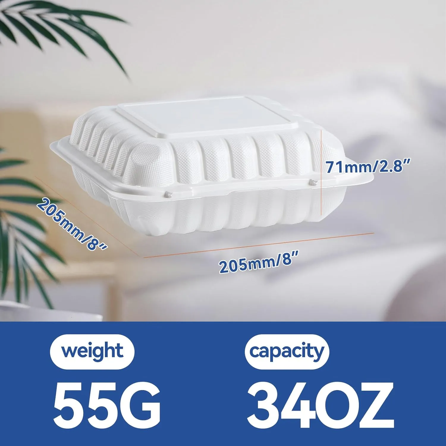To Go Containers, 8'' Plastic Hinged Clamshell Food Containers Disposable with Lids BPA-Free 55-Pack 3 Compartment Heavy Duty 34 OZ Reusable Meal Prep MFPP To Go Boxes for Food Storage