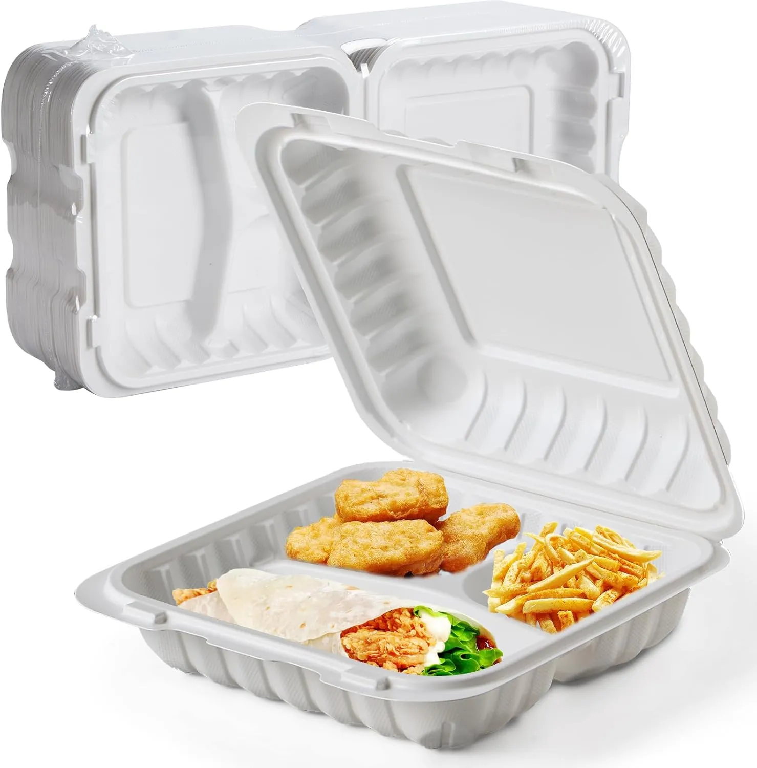 To Go Containers, 8'' Plastic Hinged Clamshell Food Containers Disposable with Lids BPA-Free 55-Pack 3 Compartment Heavy Duty 34 OZ Reusable Meal Prep MFPP To Go Boxes for Food Storage
