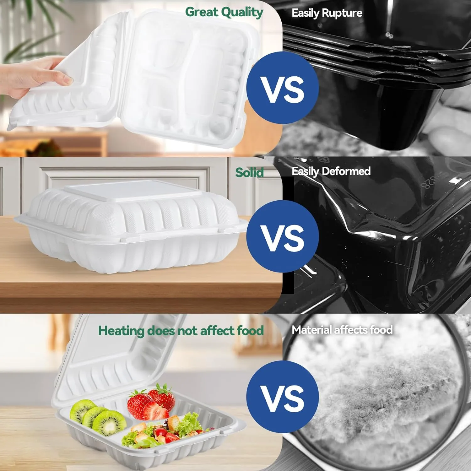 To Go Containers, 8'' Plastic Hinged Clamshell Food Containers Disposable with Lids BPA-Free 55-Pack 3 Compartment Heavy Duty 34 OZ Reusable Meal Prep MFPP To Go Boxes for Food Storage