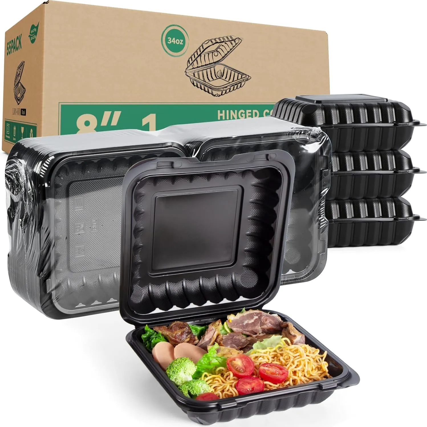 To Go Containers, BPA-Free Plastic Take Out Boxes with Lids 55-Pack 34oz MFPP Reusable Meal Prep Container for Food Storage Takeout, Hinged Clamshell Design for To-Go Lunch Salad Breakfast