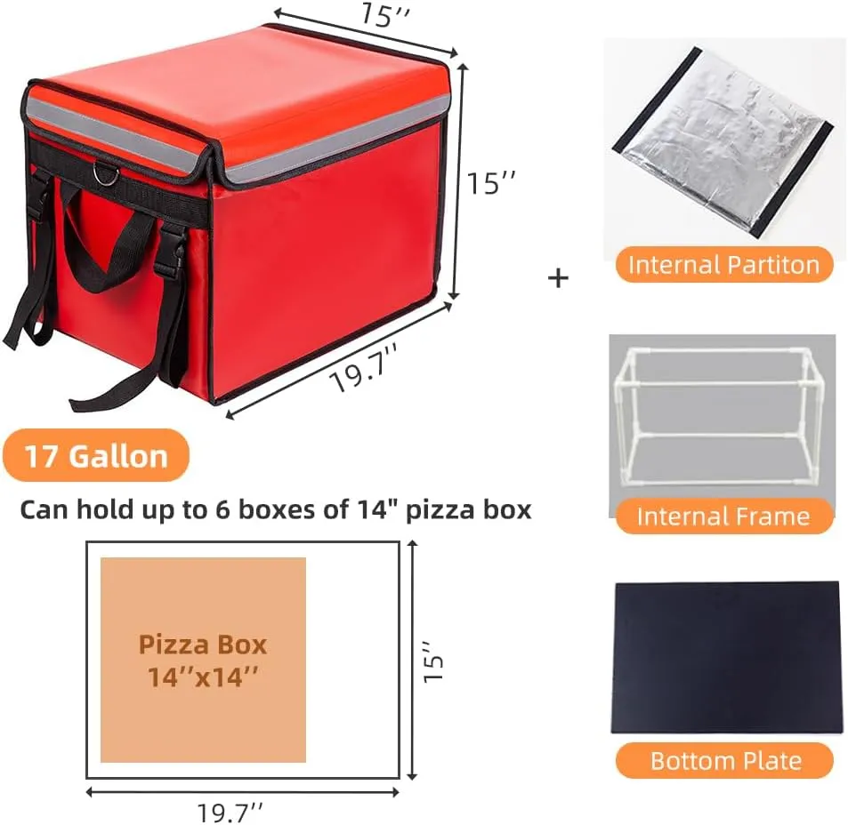 TooCust Red XXL Insulated Food Delivery Bag - 19.7" x 15" x 15", Commercial Insulated Pizza Delivery Bag with Divider, Waterproof & Foldable, 62L Can Hold Up to 7 Boxes of 14" Pizza Box