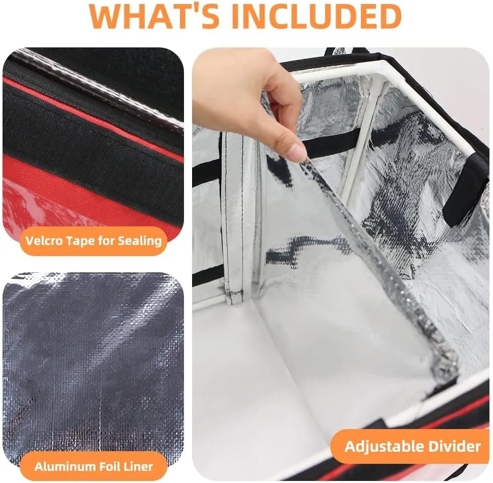 TooCust Red XXL Insulated Food Delivery Bag - 19.7" x 15" x 15", Commercial Insulated Pizza Delivery Bag with Divider, Waterproof & Foldable, 62L Can Hold Up to 7 Boxes of 14" Pizza Box
