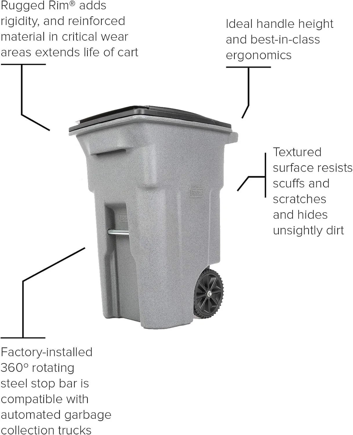 Toter 25564-R1209 Residential Heavy Duty Two Wheeled Trash Can, Blackstone, 64 Gallon