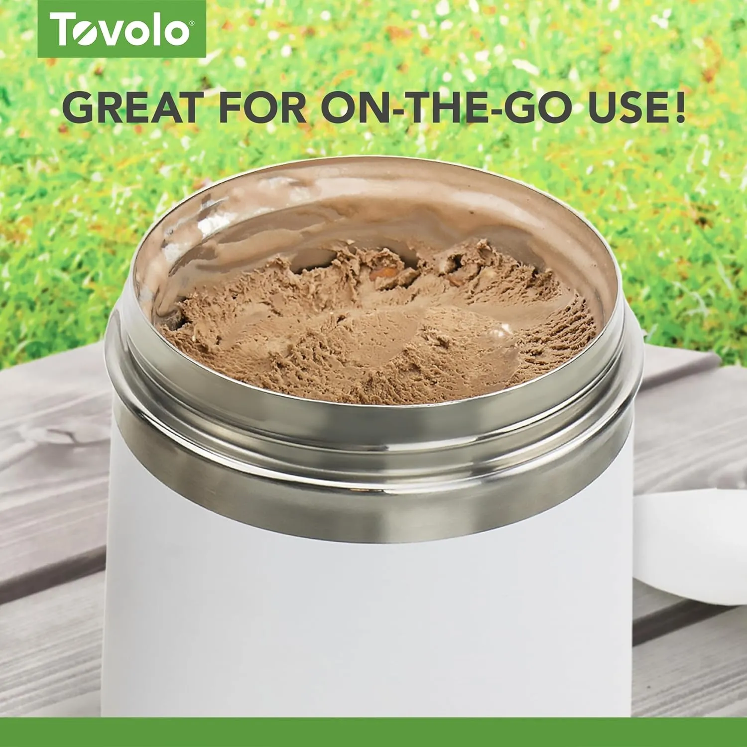 Tovolo 2 Quart Stainless Steel Traveler, Double-Wall Vacuum-Insulated Food Container, 2 Qt. Food Storage & Ice Cream Container, Easy-Carry Handle, Travel Mug for Hot Food & Cold Ice Cream, White