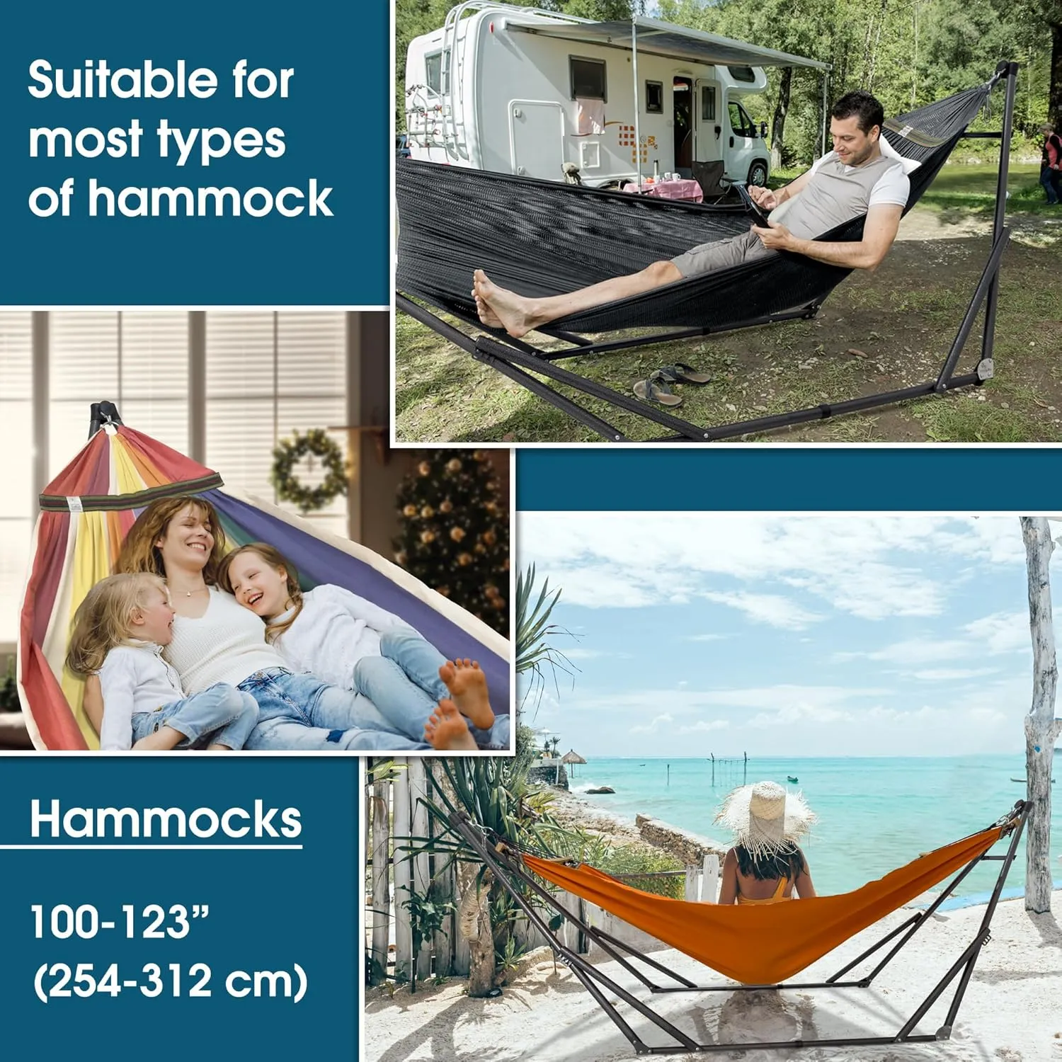 Tranquillo 600 lbs Capacity Adjustable Hammock Stand, Collapsible Camping Hammock and Stand, Steel Double Hammock Stand for 2 Persons, Portable Everywhere Easy Assembly Non-Slip and Noise-Free, Black