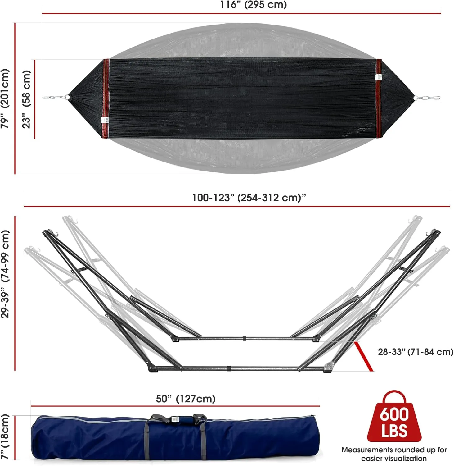 Tranquillo 600 lbs Capacity Adjustable Hammock Stand, Collapsible Camping Hammock and Stand, Steel Double Hammock Stand for 2 Persons, Portable Everywhere Easy Assembly Non-Slip and Noise-Free, Black