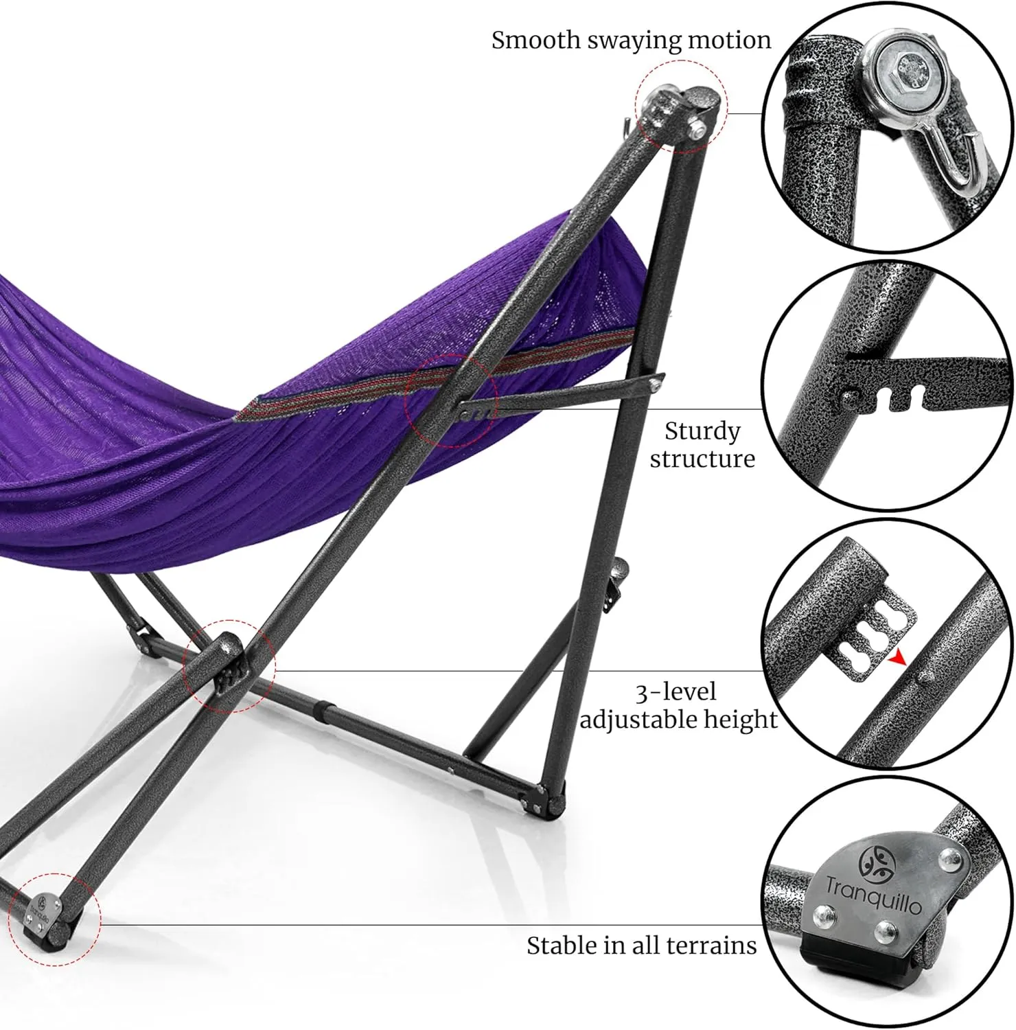 Tranquillo Double Hammock with Stand Included for 2 Persons/Foldable Hammock Stand 600 lbs Capacity Portable Case - Inhouse, Outdoor, Camping, Purple